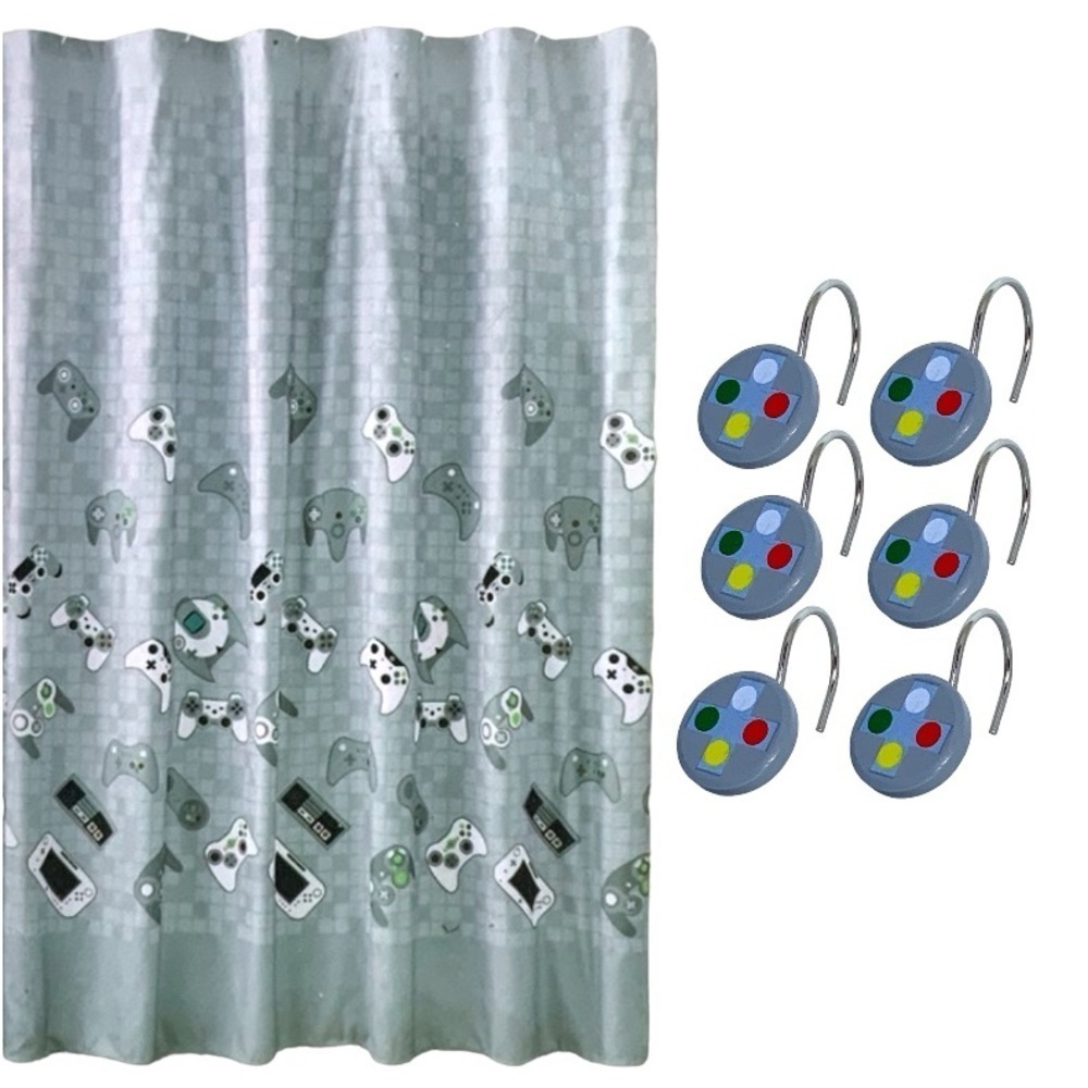Gamer Shower Curtain Video Game Hook Set Fabric Curtain 70 X 72 Multi Grey Green